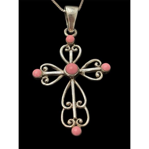 Sterling Silver Scroll Cross Pendant With Faux Pink Coral 25” Italian Box Chain - Picture 2 of 7